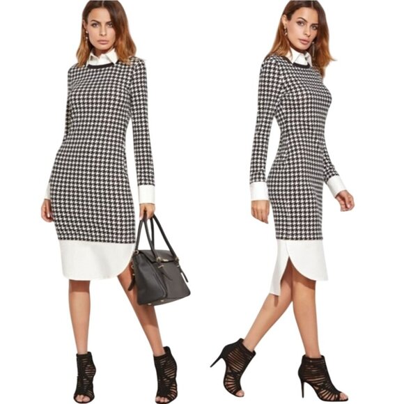 Womens Chic Houndstooth Dress 8 Black White Shift Collar Cuffs Long Sleeve Work - Picture 1 of 8